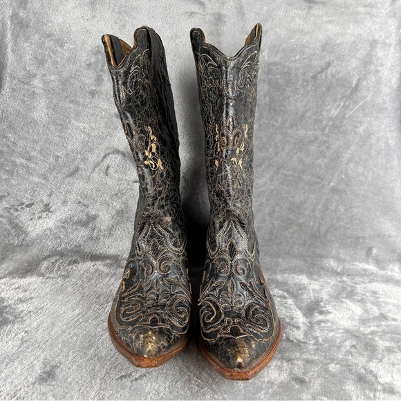 Corral Boots Snip Toe Cowboy Womens 12 M Crackled Black Inlaid Reptile & Leather - Picture 4 of 15